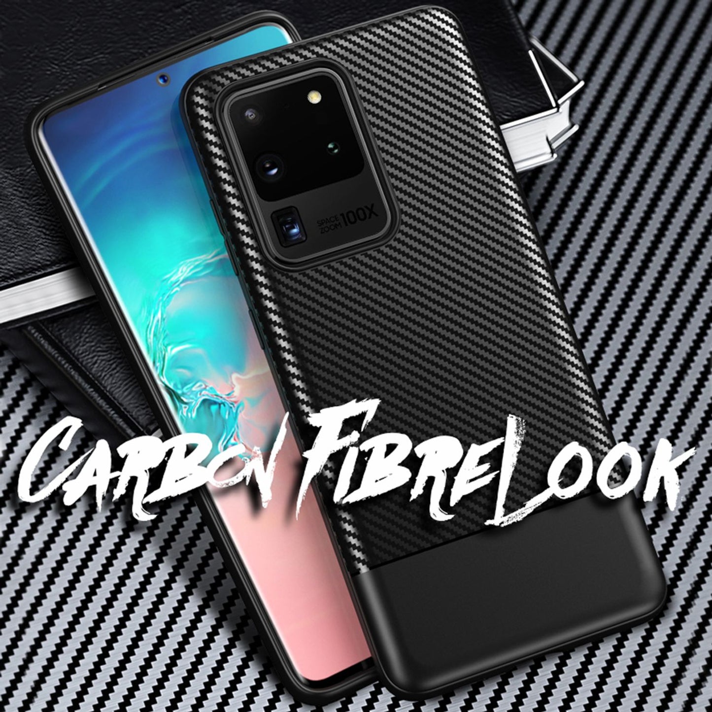 NALIA Carbon Case für Samsung Galaxy S20 Ultra, Silikon Handy Hülle Schutz Cover