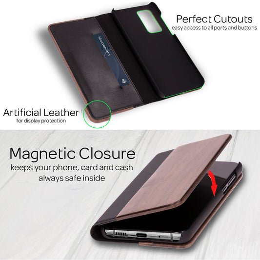 Husă NALIA din lemn masiv - Capacitate 2 sloturi pentru carduri, Dimensiunea se potrivește perfect cu Galaxy S20 Plus, Material FSC Lemn de nuc