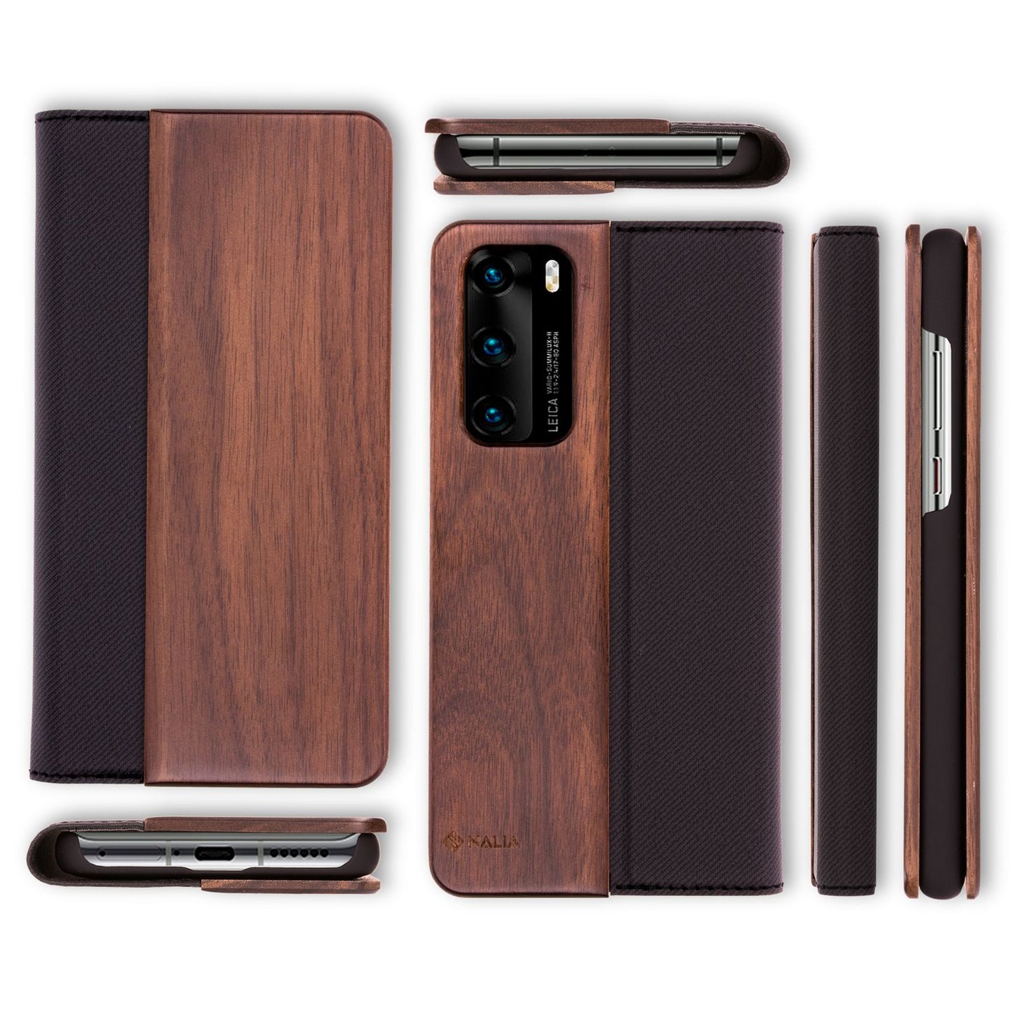 NALIA Huawei P40 Echt Holz Flip Case - Kartenkapazität 3 Karten, Größe Kompakt, 360 Grad Klappfunktion