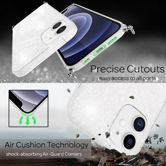 NALIA Glitzer Hülle mit Kette für iPhone 12 mini, Glitter Case Kordel Bling Etui