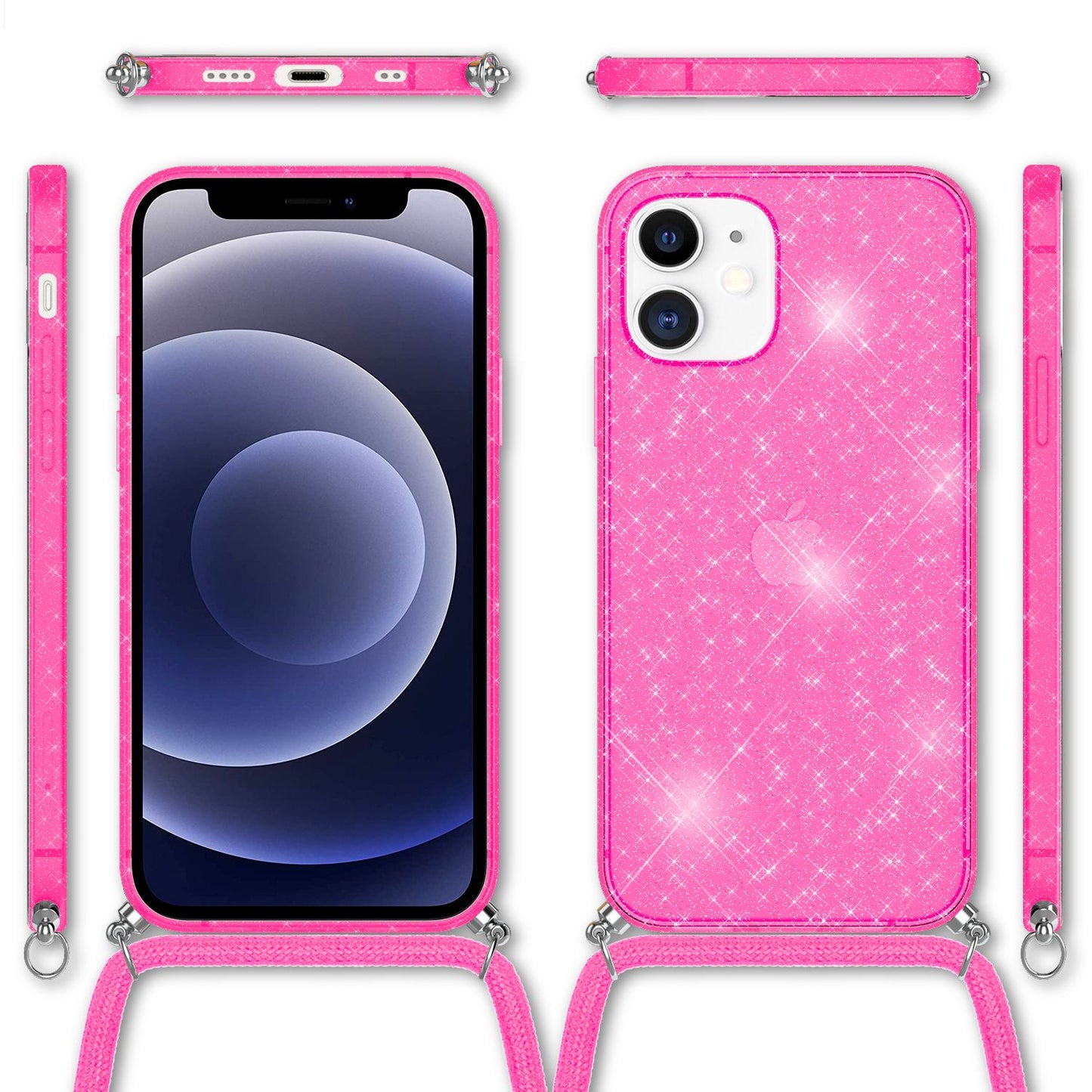 NALIA Glitzer Hülle mit Kette für iPhone 12 mini, Glitter Case Kordel Bling Etui