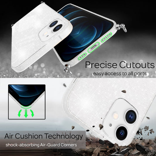 NALIA Glitzer Hülle mit Kette für iPhone 12 / 12 Pro, Glitter Case Kordel Cover