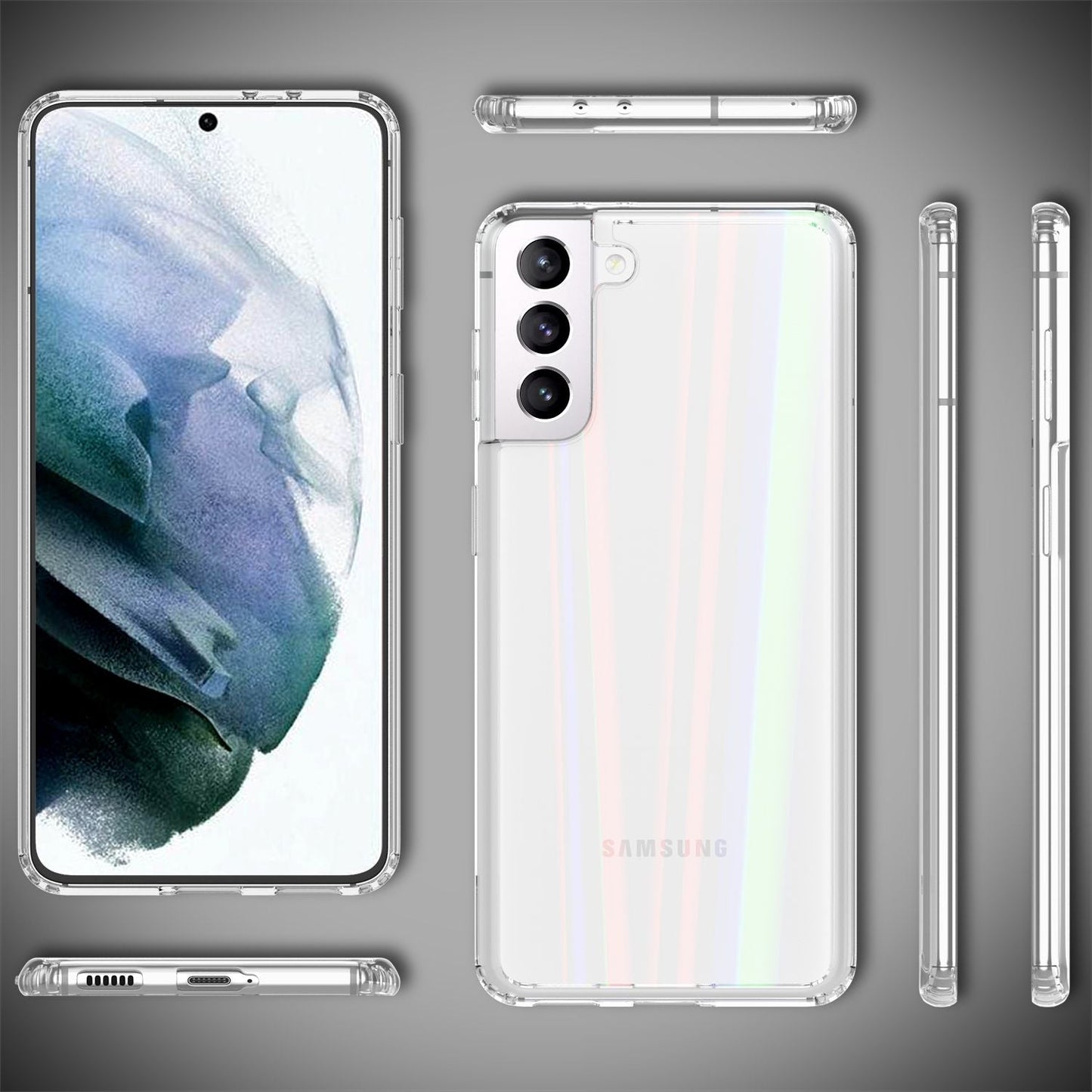 NALIA Hartglas Case für Samsung Galaxy S21, Transparent Regenbogen Case Cover