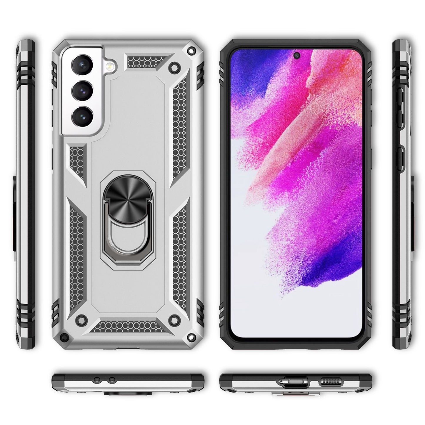 NALIA Military-Style Ringhülle für Samsung Galaxy S21 FE, Extrem Schützend Stoßfest Robust, 360° Ring für Standfunktion