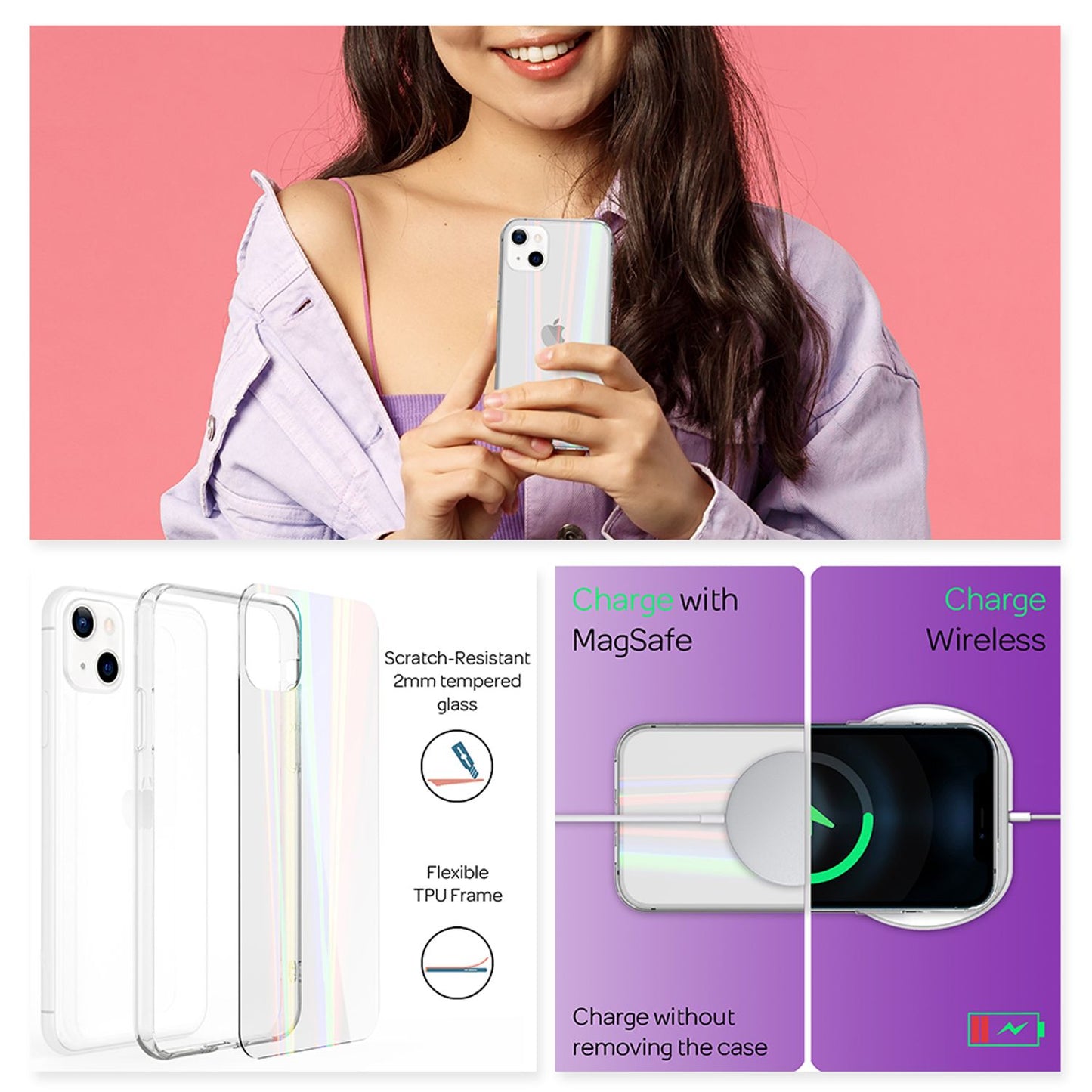 Husă NALIA din sticlă securizată transparentă pentru iPhone 13, efect curcubeu transparent, anti-îngălbenire, rezistentă la zgârieturi, sticlă securizată și bară de protecție din silicon