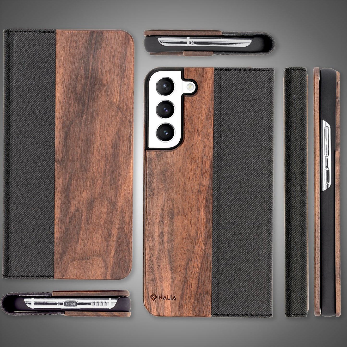 NALIA Echt-Holz Flipcase für Samsung Galaxy S22, FSC zert. Natur Holzhülle mit Standfunktion & Kartenfach, Premium Wood Case Wallet Rundum-Schutz Hülle Handyhülle Klapphülle Etui - Walnuss