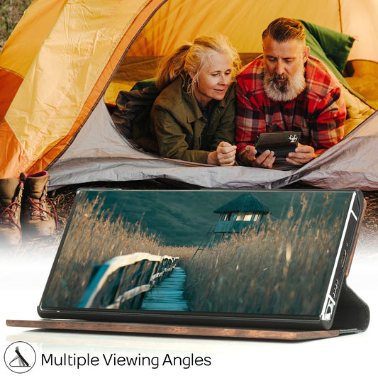 NALIA Echt-Holz Flipcase für Samsung Galaxy S22 Ultra, FSC zert. Natur Holzhülle mit Standfunktion & Kartenfach, Premium Wood Case Wallet Rundum-Schutz Hülle Handyhülle Klapphülle Etui - Walnuss