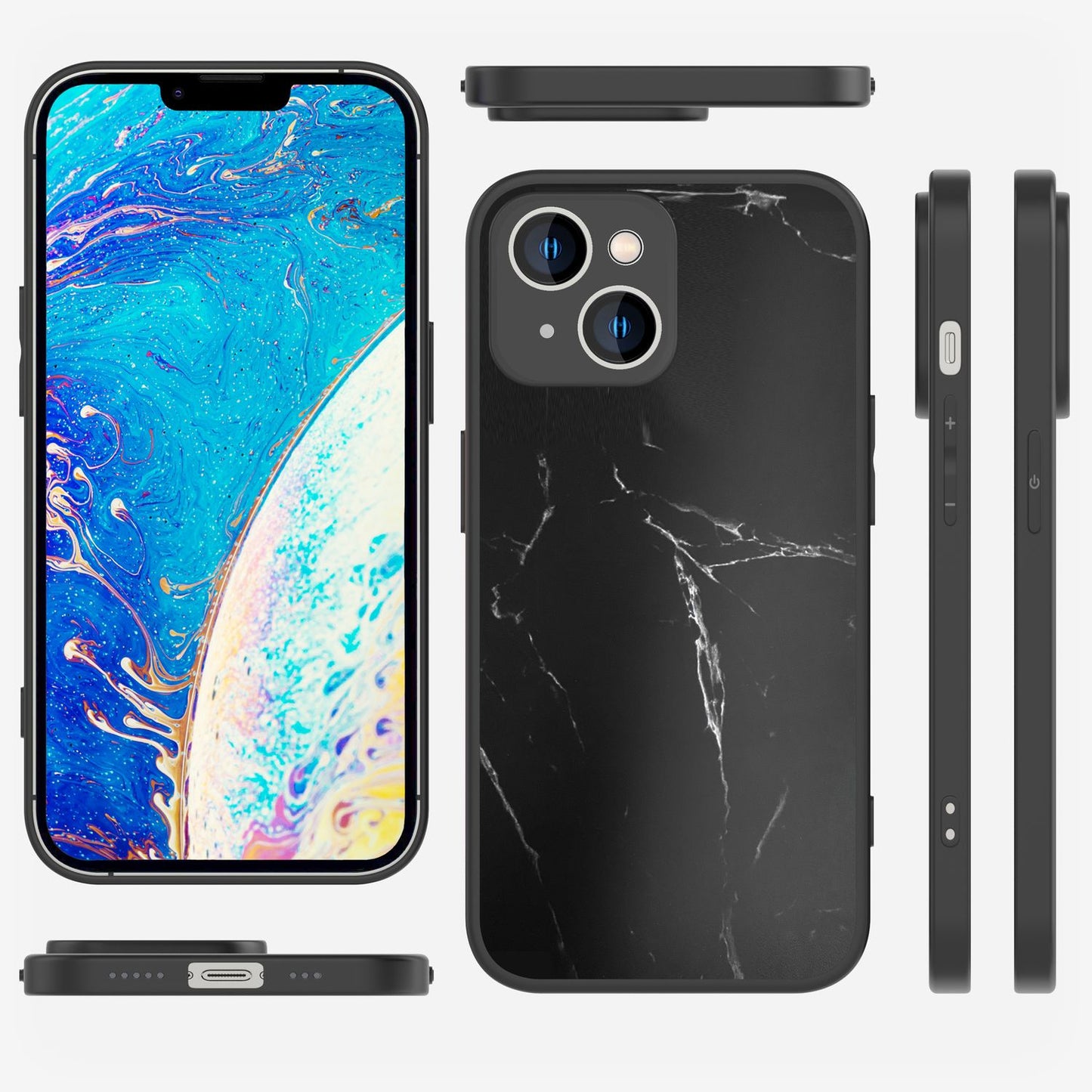 Glas Hülle für iPhone 14 Plus, Marmor Look Hardcase Silikon Rahmen Handy Cover
