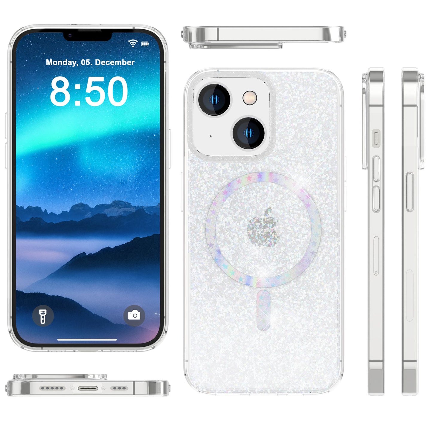 Blyze MagPower Glitzerhülle MagSafe Glamour-Design - iPhone 14 Passgenau; MagSafe Kompatibel; 2x Schutzglas