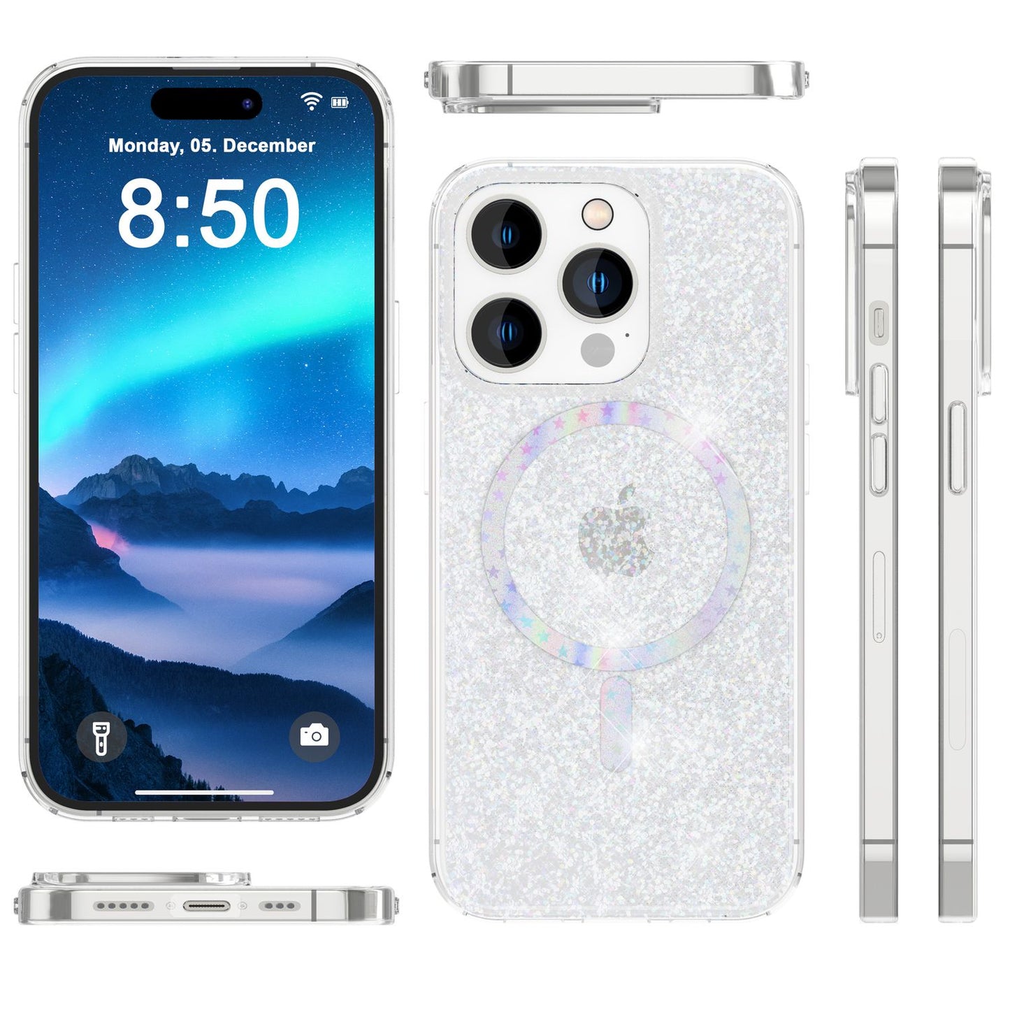 Glitzer-Hülle MagSafe und 2x Schutzglas für iPhone 14 Pro Max, Case Klar Folie