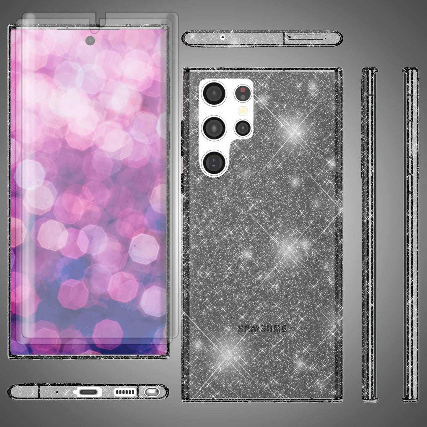 Carcasă cu sclipici pentru Samsung Galaxy S23 Ultra, 2 folii de protecție pentru ecran