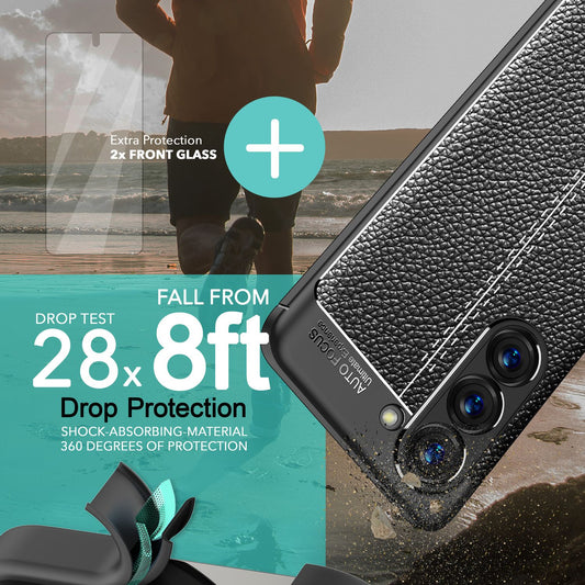 Husă din silicon cu aspect de piele pentru Samsung Galaxy S23 Plus, 2x folii de protecție pentru ecran, neagră