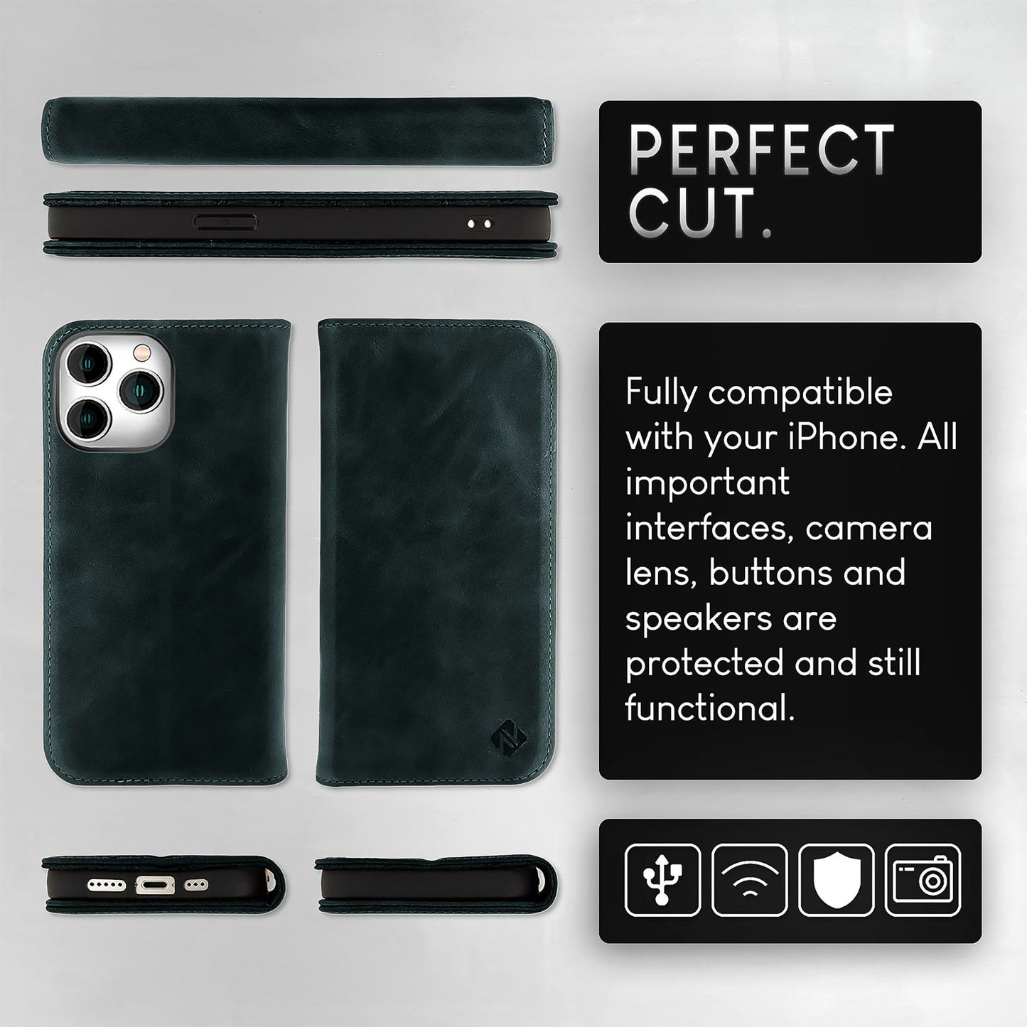 Husă NALIA din piele naturală cu clapă - Capacitate card 6, Protecție RFID, Compatibilă cu iPhone 15 Pro Max