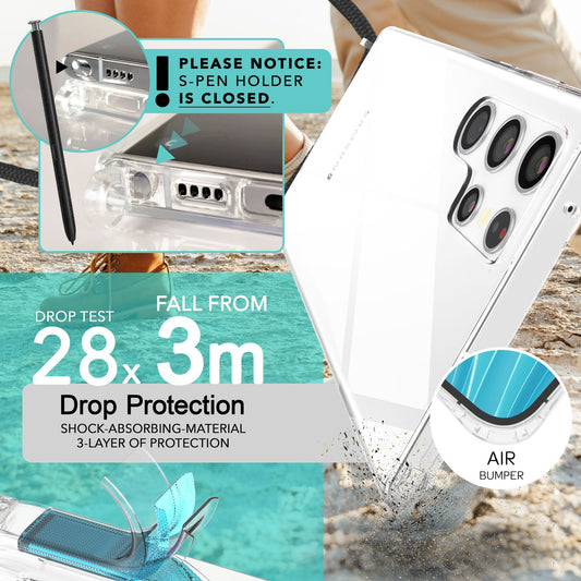 NALIA Klare Schutzhülle mit Kette für Samsung Galaxy S24 Ultra Hülle, Transparente Stabile Handyhülle mit Umhänge-Band