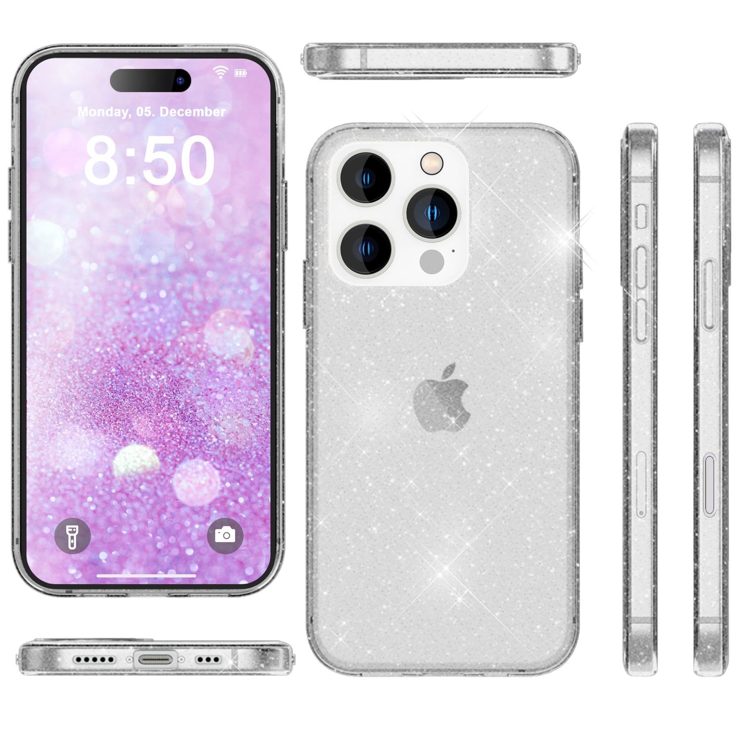 Husa NALIA Dazzlin cu sclipici - Dimensiune: Compatibilă cu iPhone 16 Pro, Material: TPU transparent, Efect sclipici