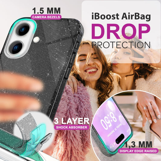 NALIA Glitzer Hybrid Hülle für iPhone 16, Verstärkte Silikon Handyhülle, Glänzende Glitzerhülle Schutz Cover