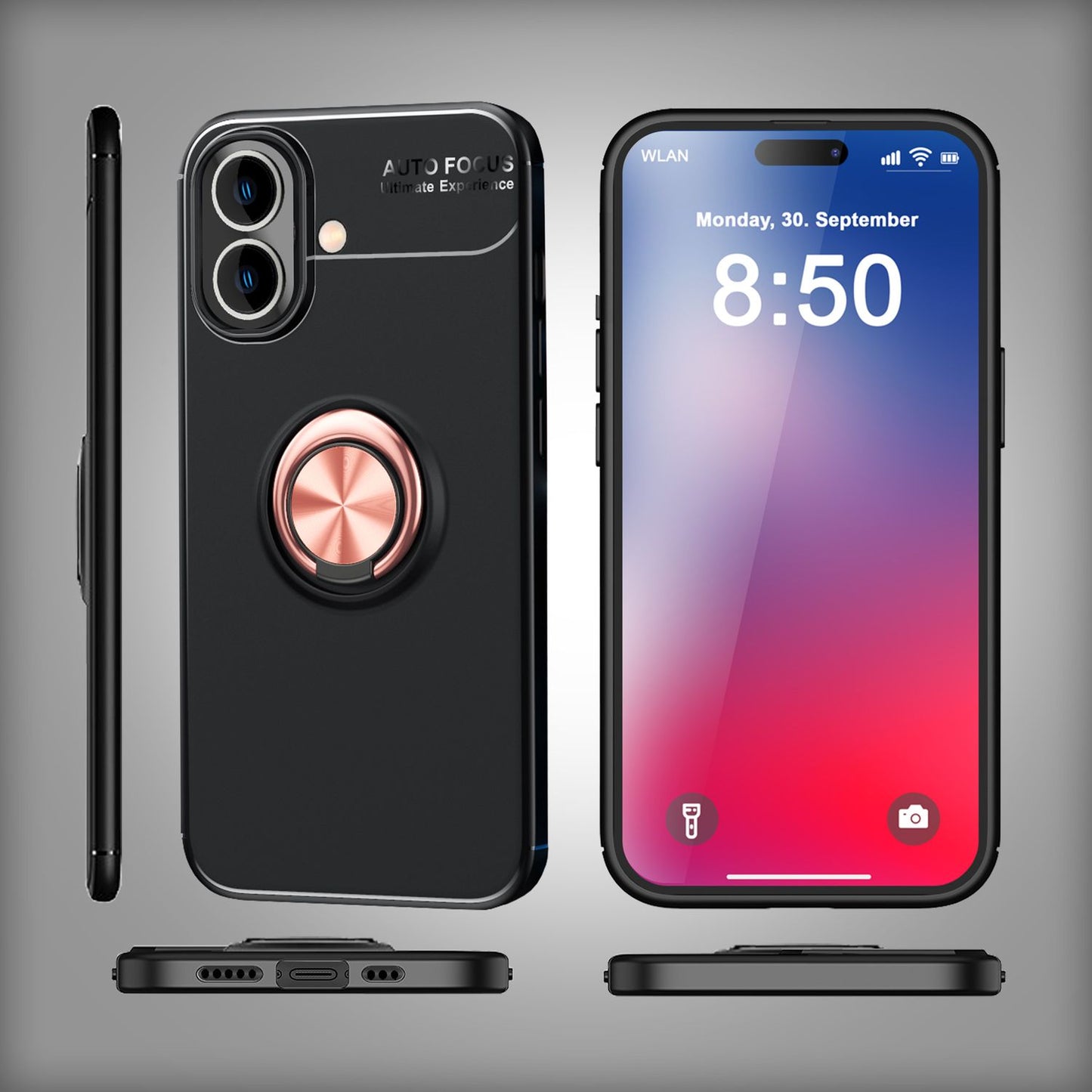 NALIA Schutzhülle mit Ring für iPhone 16 Plus, Matt-Schwarze Silikon Hülle mit 360° Finger-Halter für Ständer