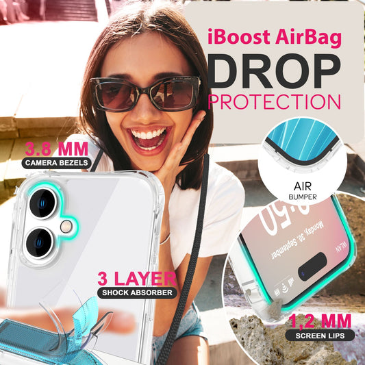 NALIA Klare Hülle mit Band zum Umhängen für iPhone 16, Transparente Schutzhülle mit Handykette, Handyhülle