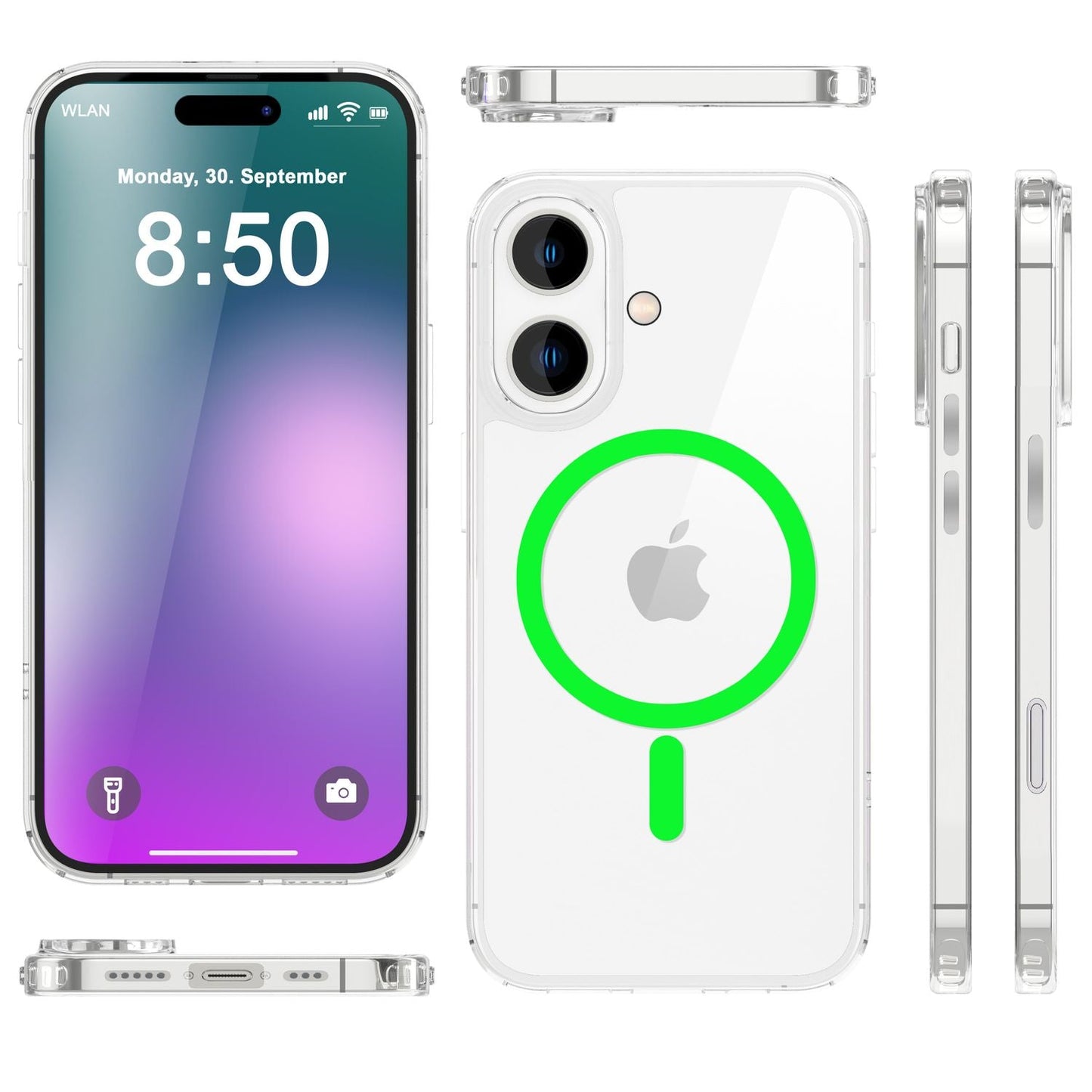 NALIA Klare MagSafe Acryl Hülle Neon Ring Night Glow - Größe iPhone 16, Material Acryl, MagSafe