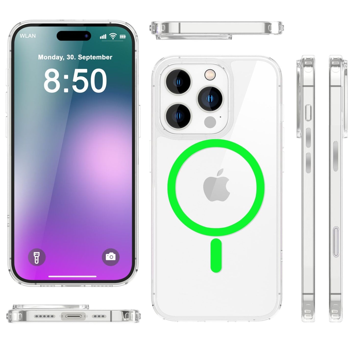 NALIA Klare MagSafe Acryl Hülle für iPhone 16 Pro, Bunter Neon Ring mit Night Glow Effekt, Handyhülle Transparent