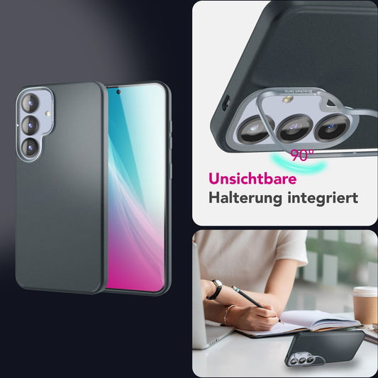 NALIA Overland für Samsung Galaxy S25 Plus Hülle für MagSafe, Ultra Schlankes Hardcover, Eingebauter Magnet-Ring, Klappbarer Kamera-Ständer, Matte Dünne Schutzhülle - Titan Schwarz