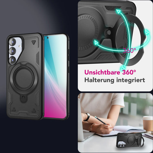 NALIA Stormguard für Samsung Galaxy S25 Hülle für MagSafe, Armor Fallschutz Ringhülle, Stoßfeste Schutzhülle mit 360° Rotationsring für Ständer und Magnetisch Laden