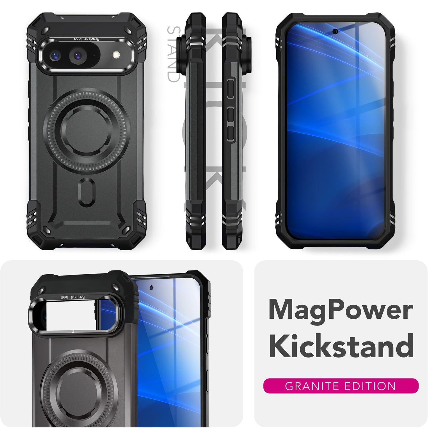 NALIA Granite Hülle für Google Pixel 9 – Handyhülle für MagSafe, Stoßfestes Panzer Hardcase mit Dual-Layer Schutz, Integrierter Metall-Kickstand, Military Cover