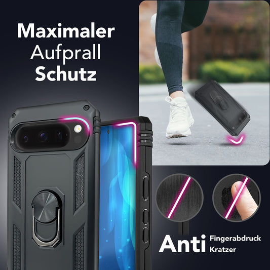NALIA RingDefend Hülle für Google Pixel 9 Pro XL – Stoßfeste Panzerhülle mit 360° Metallring, Kickstand & Finger-Halter, Robustes Armor Case mit Grip, Militär Schutzhülle - Schwarz
