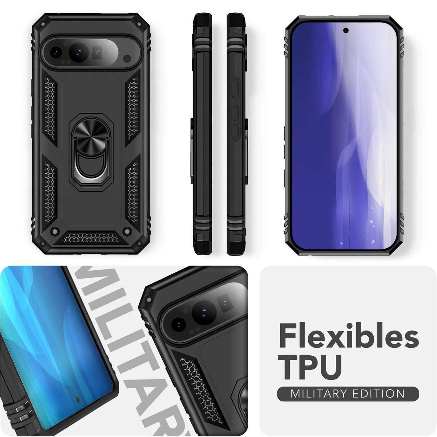 NALIA RingDefend Hülle für Google Pixel 9 Pro XL – Stoßfeste Panzerhülle mit 360° Metallring, Kickstand & Finger-Halter, Robustes Armor Case mit Grip, Militär Schutzhülle - Schwarz