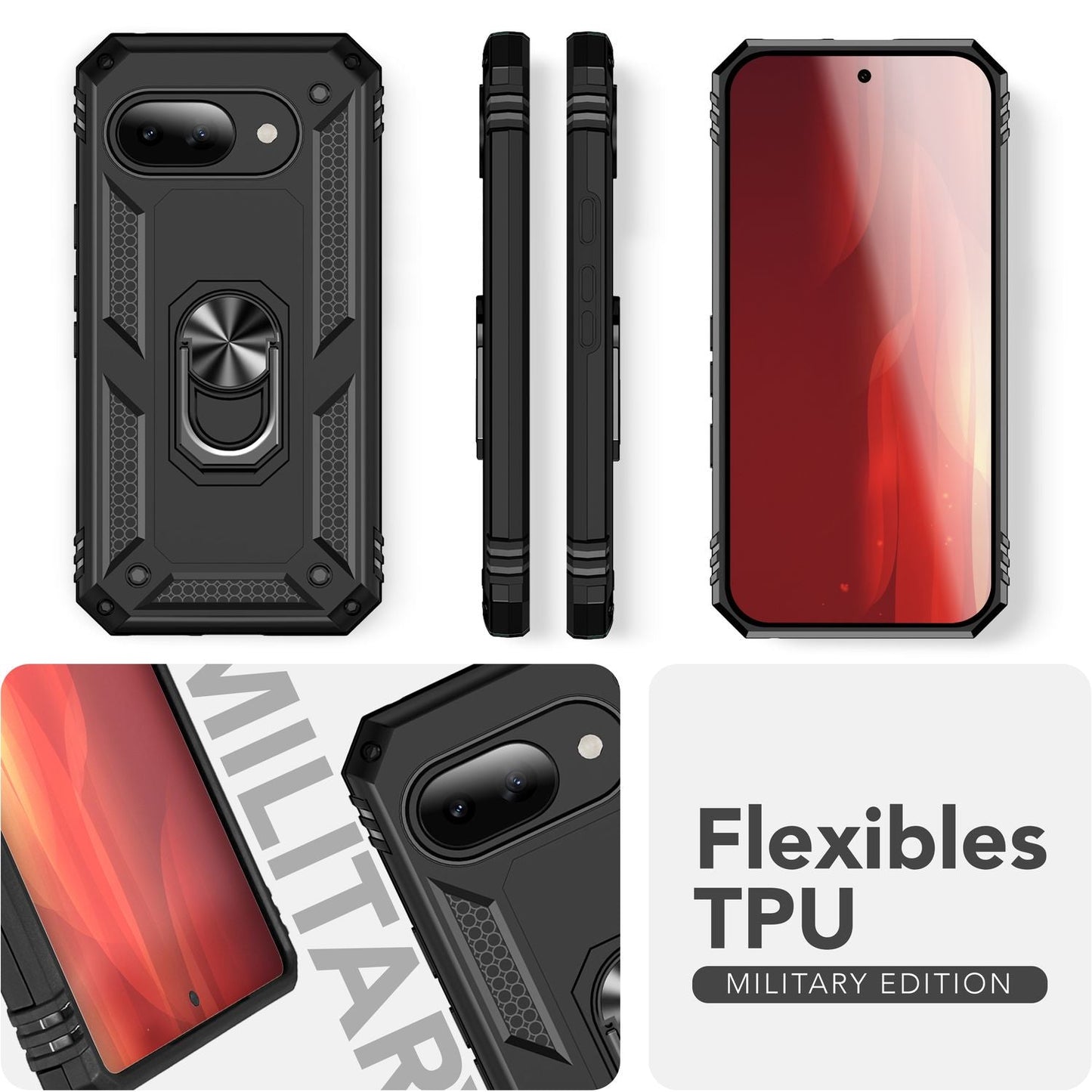 NALIA RingDefend Hülle für Google Pixel 9a – Militärtaugliches Outdoor Case mit 360° Ringhalter & Kickstand, Anti-Rutsch Armor Cover, Stoßfeste Handy-Schale, Panzerhülle - Schwarz