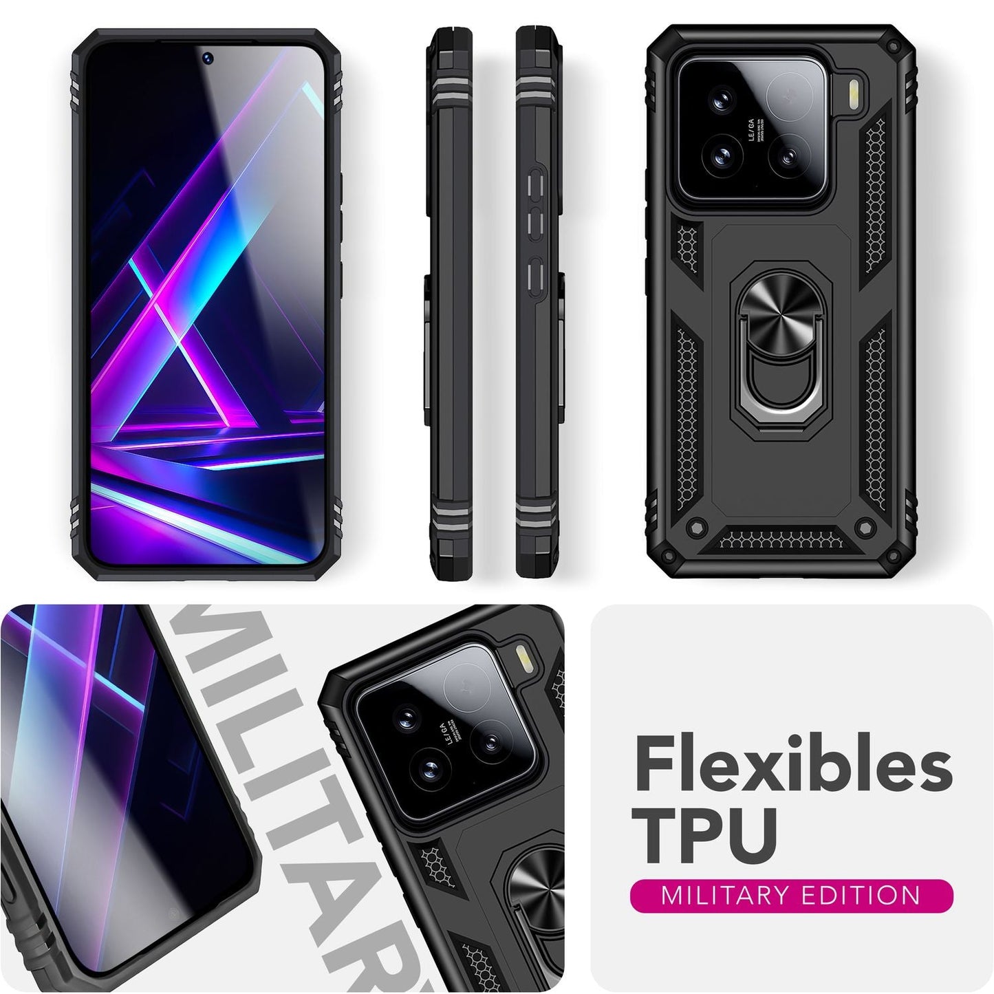 NALIA RingDefend Hülle für Xiaomi 15 – Militärische Panzerhülle mit 360° Metallring & Kickstand, Stoßfestes Dual-Layer Armor Case mit Anti-Rutsch Grip, Outdoor Cover - Schwarz