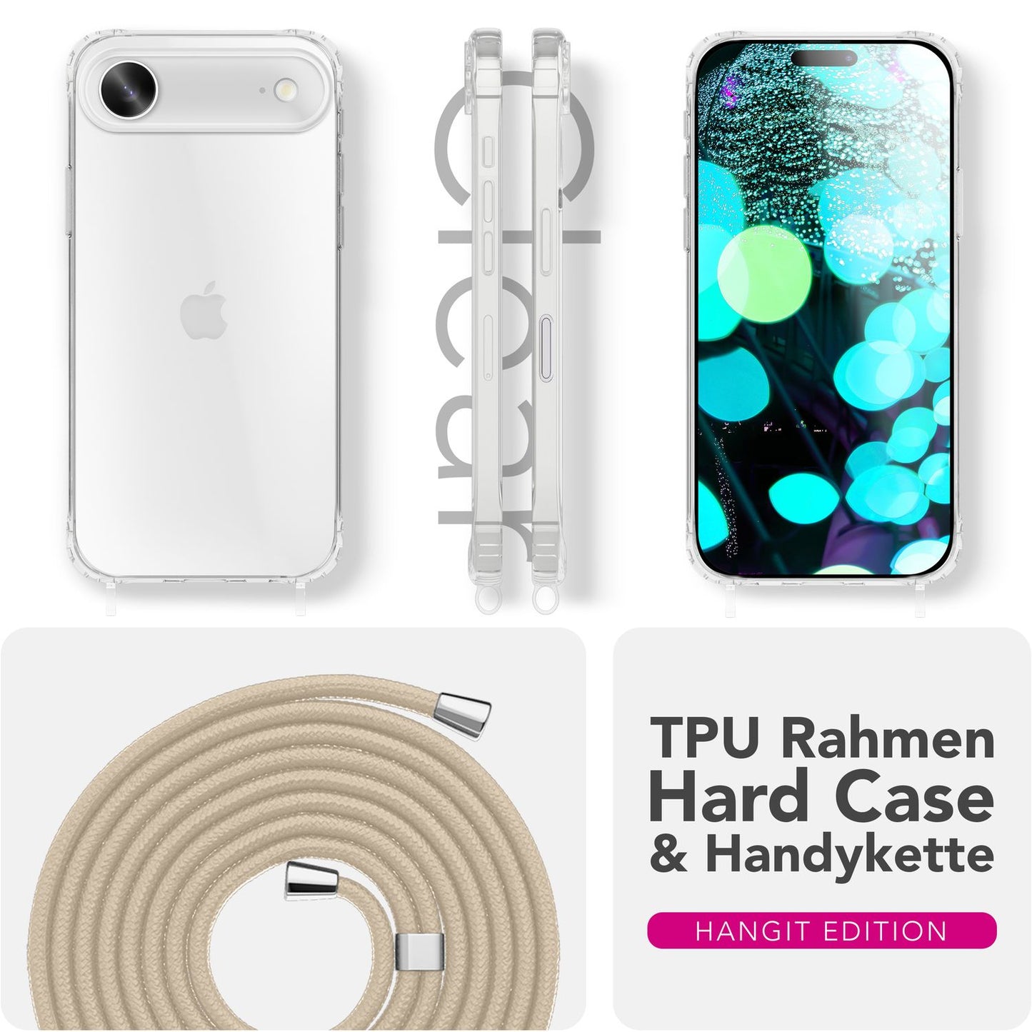 NALIA Hangit Hülle - Transparente Umhängehülle mit 160 cm Band Anti Gelb Verstellbare Handykette