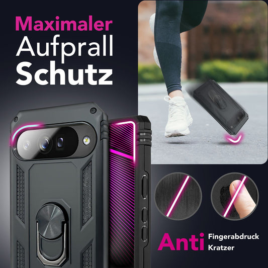 NALIA Hülle RingDefend für Google Pixel 10 (Military-Grade Schutz), Robuste Panzerhülle im Tactical Style, Schlagresistent, 360° Ring & Ständer, Outdoor Schutzhülle - Schwarz