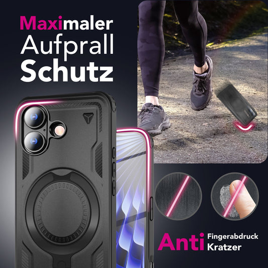 NALIA MagSafe Hülle Stormguard für Apple iPhone 17 (Unzerstörbare Panzerhülle) - Stoßfeste Outdoor Schutzhülle mit 360° Ring Ständer, Armor Case, Fallschutz Cover - Vulkanschwarz