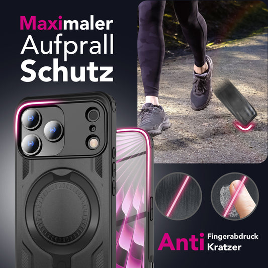 NALIA MagSafe Hülle Stormguard für Apple iPhone 17 Pro Max (Unzerstörbare Panzerhülle), Stoßfestes Armor Hardcase mit 360° Ring-Halter, Outdoor Militär Schutzhülle - Vulkanschwarz