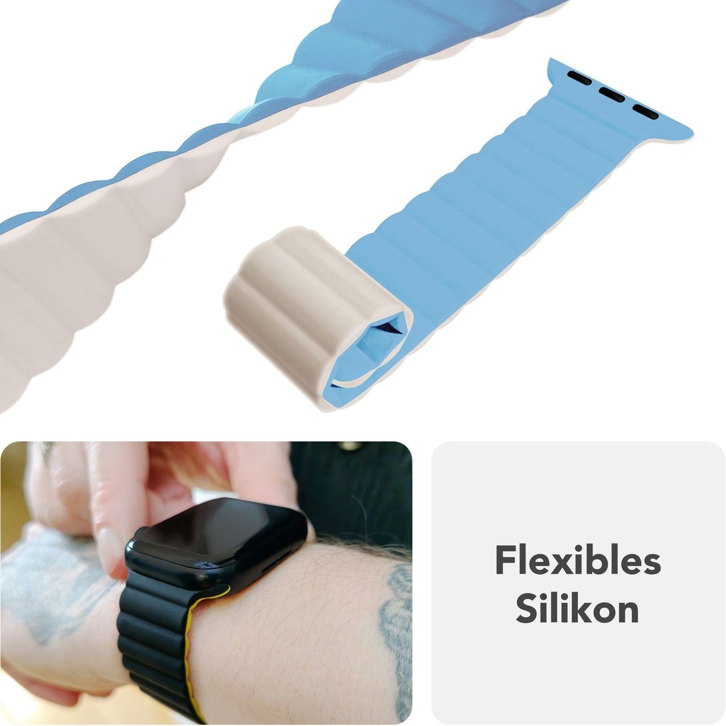 NALIA Core Armband für Apple Watch Ultra/SE/10/9/8/7/6/5/4/3/2/1, Gehäusegröße 42/44/45/46/49mm, Atmungsaktives Silikon Magnet Sportarmband mit Rillen Design