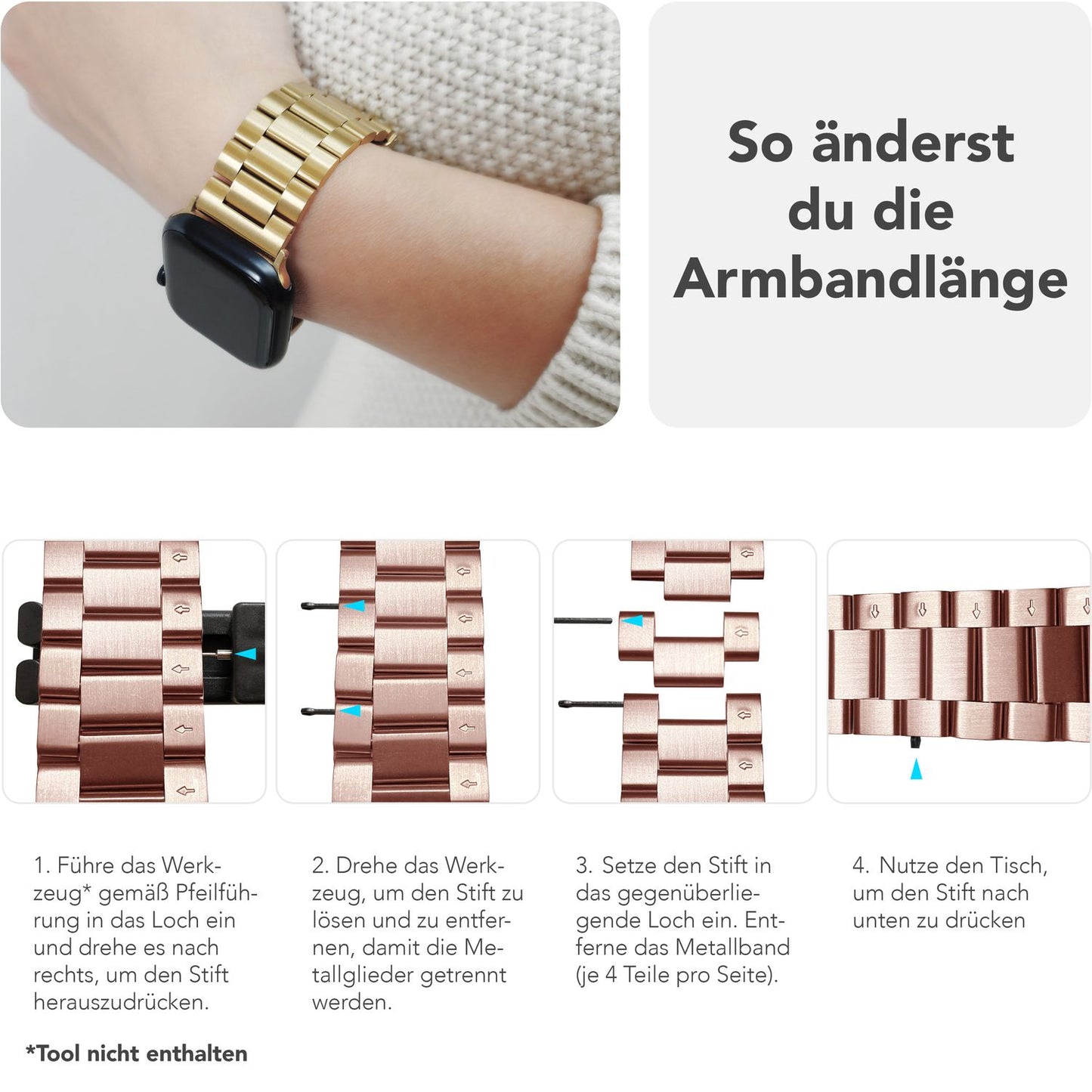 NALIA Mova Armband für Apple Watch SE/10/9/8/7/6/5/4/3/2/1, Gehäusegröße 38/40/41/42mm, Edelstahl Ersatzarmband mit Doppelfaltschließe, Metall Rostfrei