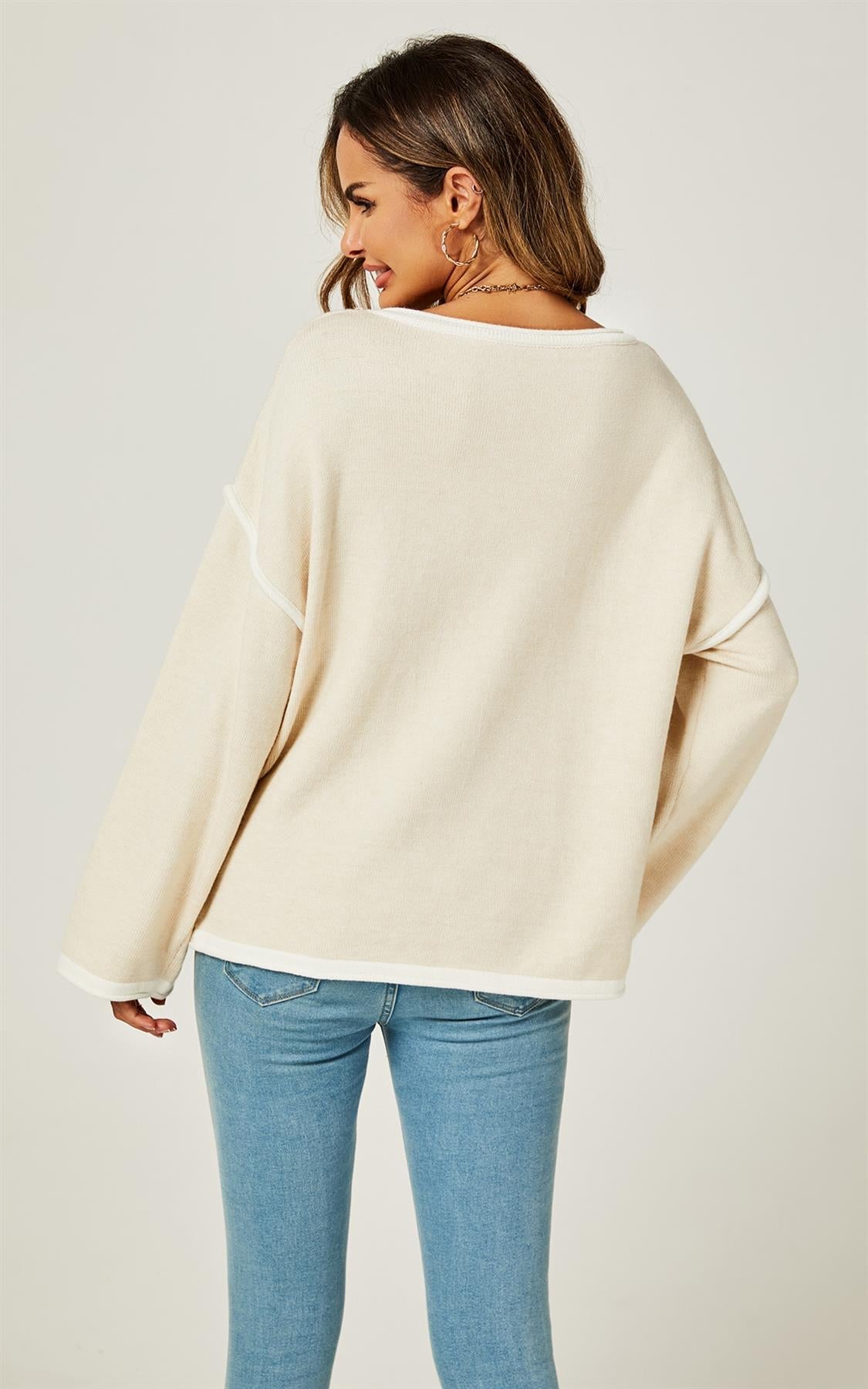 White Striped Oversized Jumper Top In Beige