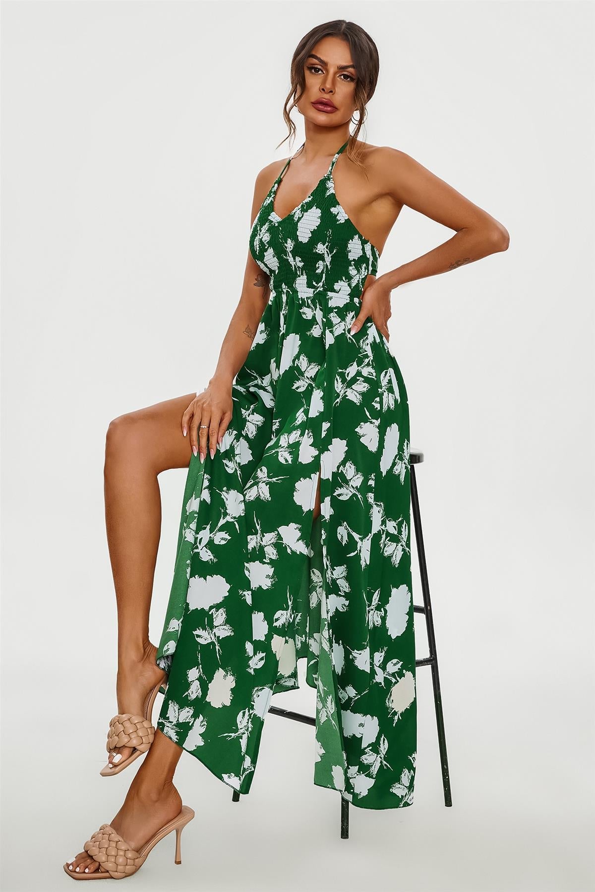 Floral Print Tie Halterneck Back Detail Maxi Dress In Green