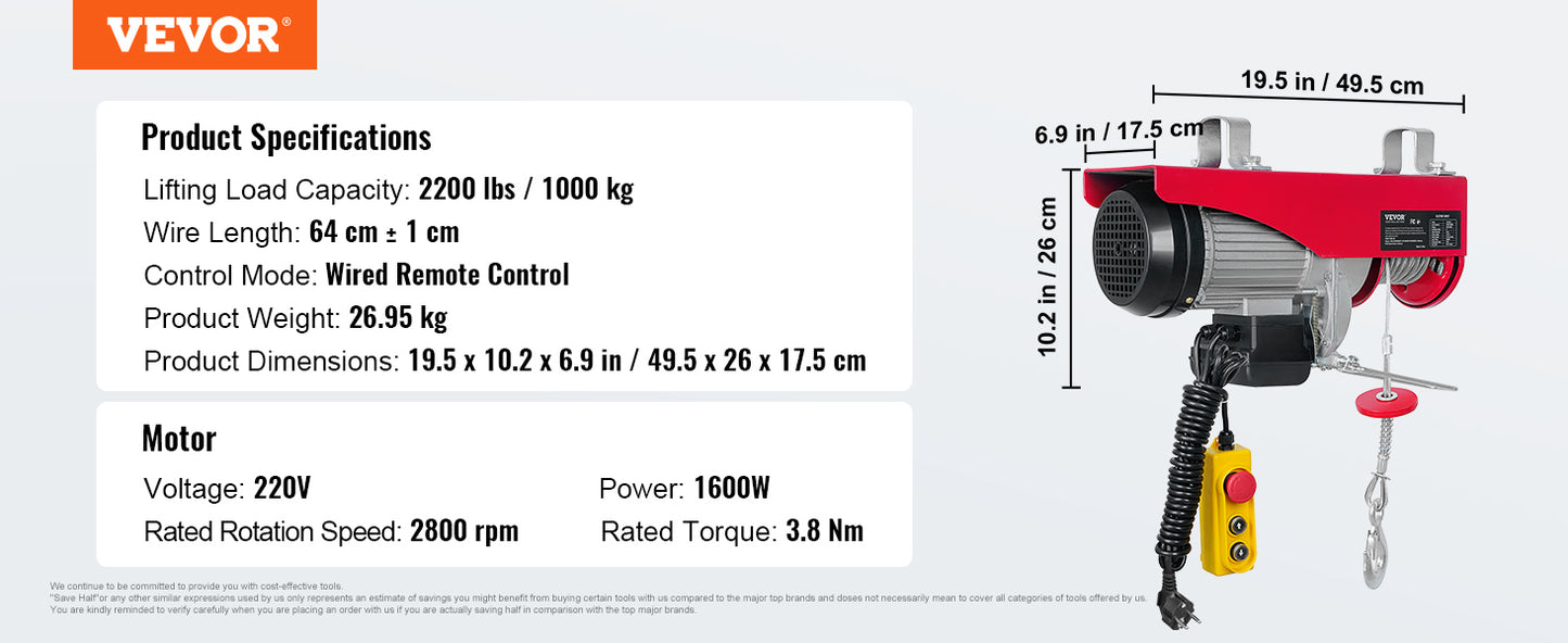 VEVOR 400-1000kg Elektrischer Palan Hebezeug Kabelhaspel Winch für Boot Auto Garage Aufzug mit Wired Remote Control Lifter