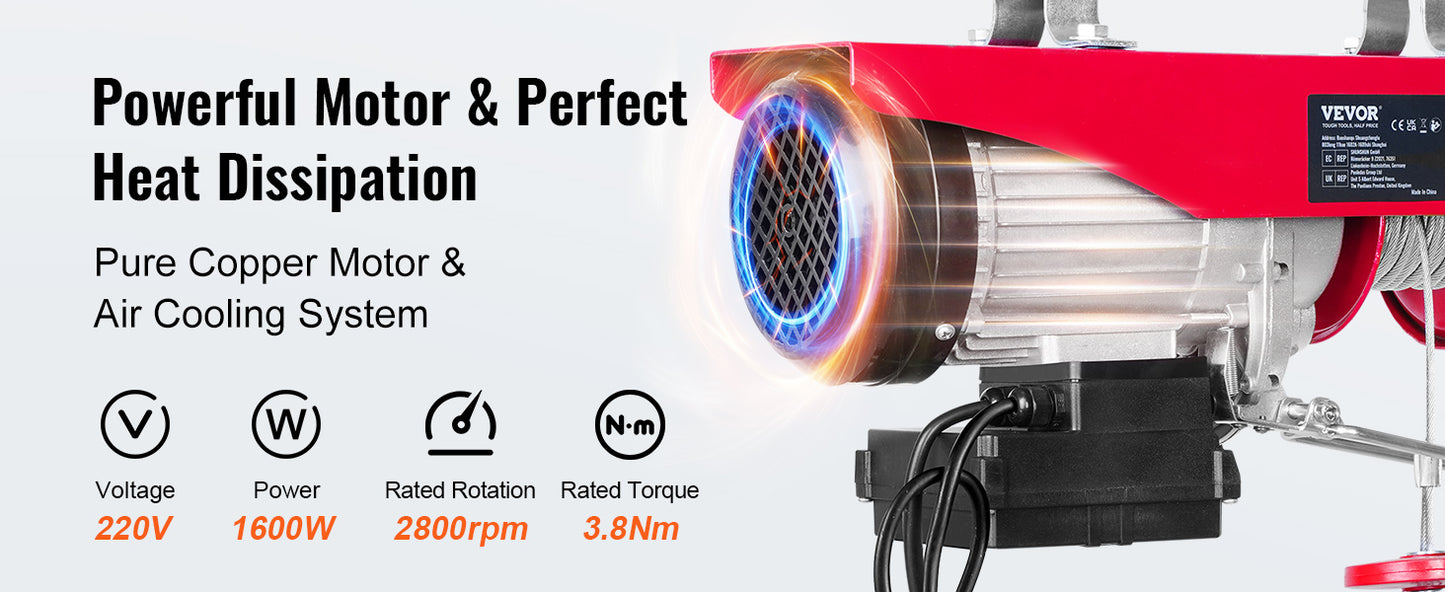 VEVOR 400-1000kg Elektrischer Palan Hebezeug Kabelhaspel Winch für Boot Auto Garage Aufzug mit Wired Remote Control Lifter