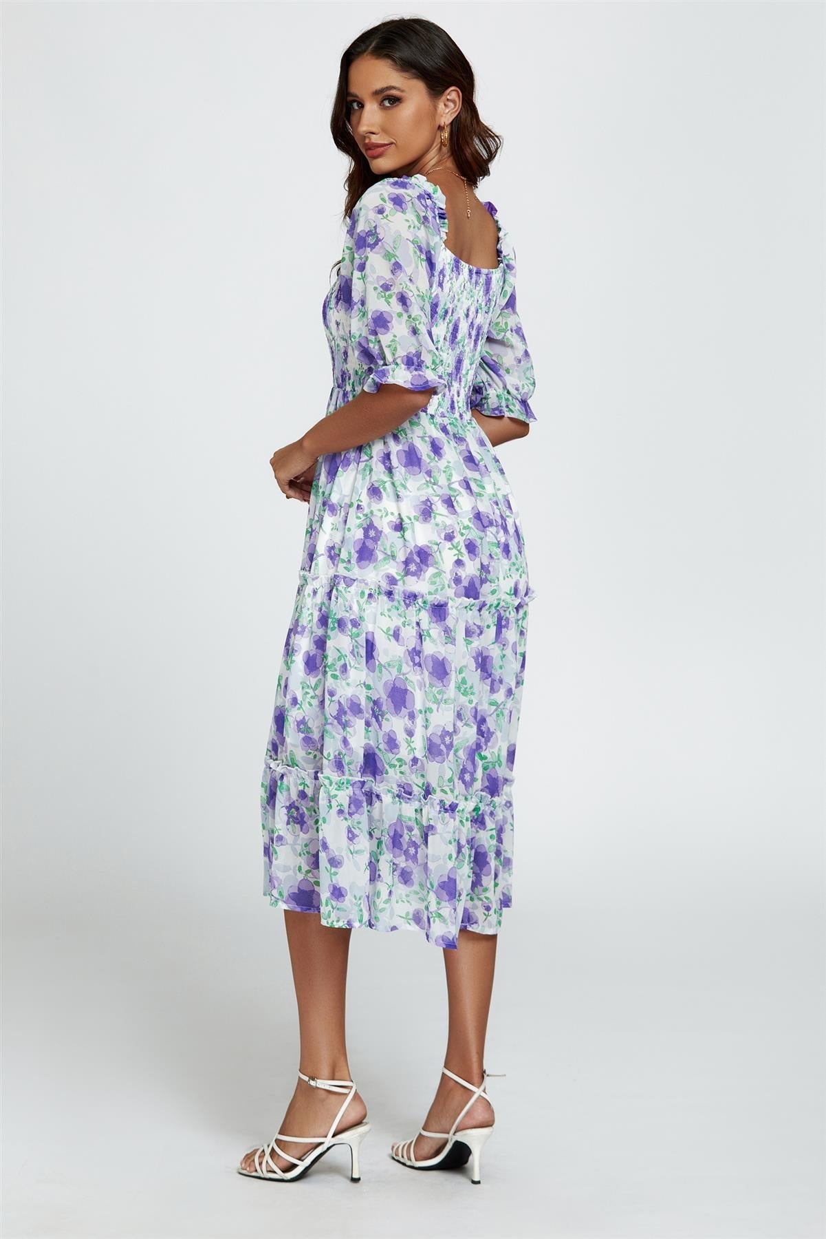 Rochie midi cu imprimeu floral Bardot și mâneci bufante, albă