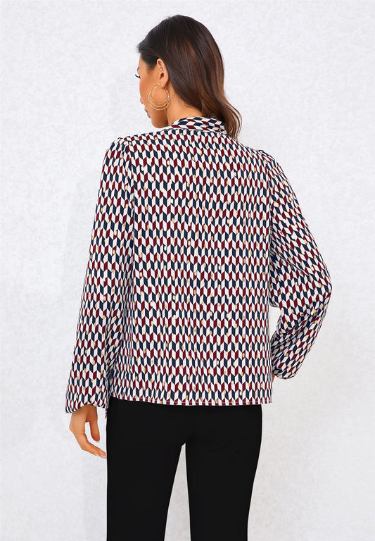 Bluză cu imprimeu geometric și legături laterale, culoare vin