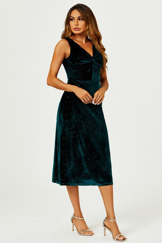 Silver Sparkly Velvet Knot Front Midi Dress In Green