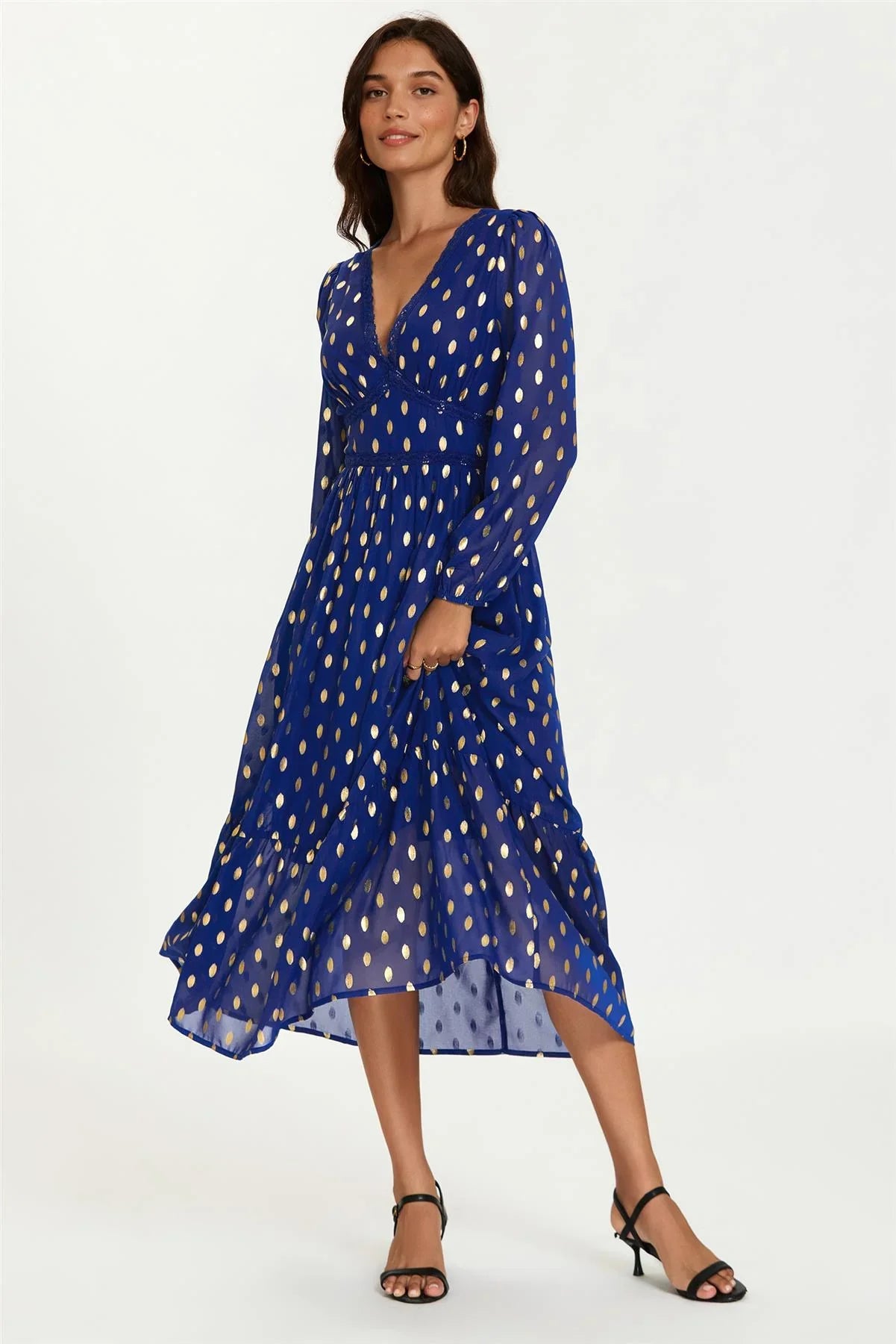 Lace Trim Foil Long Sleeve Maxi Dress In Royal Blue