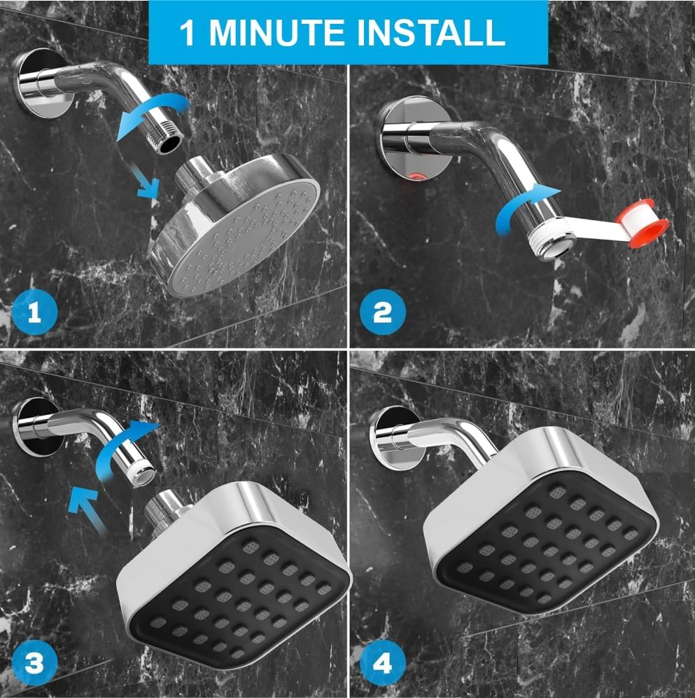 Fossa 4"x4" Square Elite Shower Head - High Pressure Rain - Luxury Design - 1-Min Install - Easy Clean Adjustable for Your Bathroom Shower Heads (With 9" Arm)-4