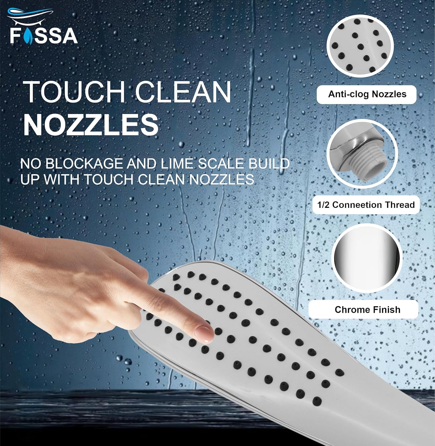 Fossa Dezire Rain Hand Shower, Handheld showers with 1.5 Meter Hose Pipe Stainless Steel and Hook, Chrome Finish (Hand Shower Set)-2
