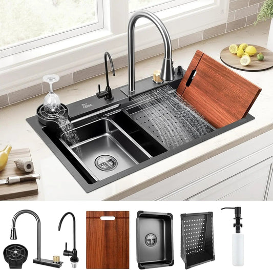 Fossa 32"x18"x10" inch  Single Bowl Premium Waterfall Kitchen Sink Honeycomb Embossed Sink with White Nano Coating, Stainless Steel, Rectangular Workstation, Faucet With All Accessories.-0