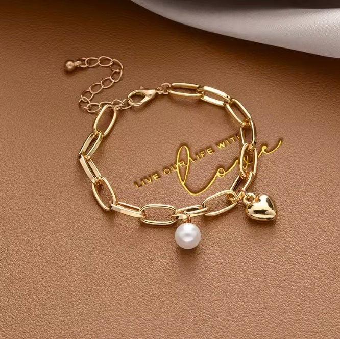 Brățară din oțel inoxidabil cu perlă și inimă
