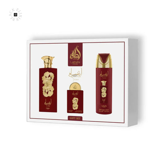 Lattafa Pride Ansam Gold Giftset Lux Duft - 100 Ml EDP, 20 Ml EDP, 200 Ml Deo